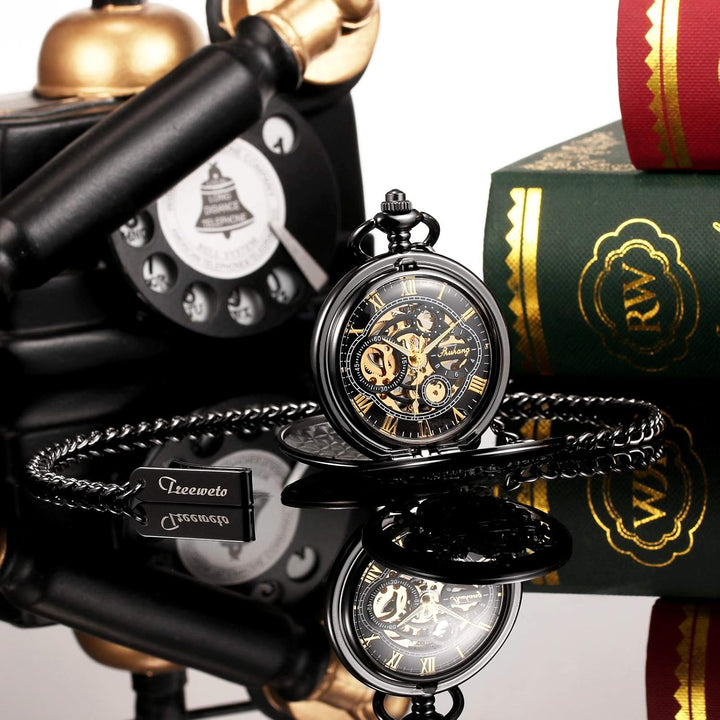 TREEWETO Unisex Taschenuhr Mechanisch Doppelter Abdeckung Vogelschild Skelett Steampunk Für Herren D