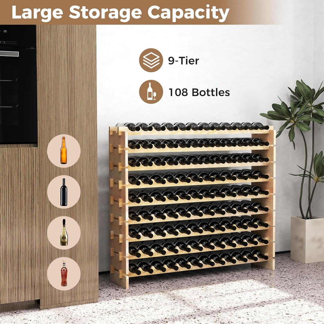 GIANTEX Weinregal Stapelbar Holz, Flaschenregal für 108 Flaschen, Weinschrank Weinständer mit 9 Eben