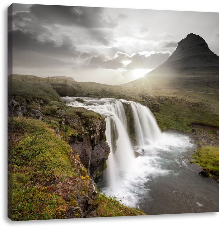 Pixxprint Wasserfall bei Sonnenuntergang als Leinwandbild Quadratisch/Grösse: 70x70 / Wandbild/Kunst