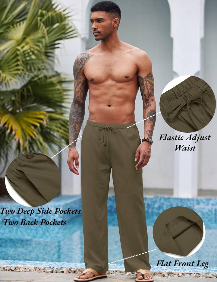 COOFANDY Herren Leinenhose mit Kordelzug Leicht Sommerhose Freizeithose Strandhose Urlaub Einfarbig