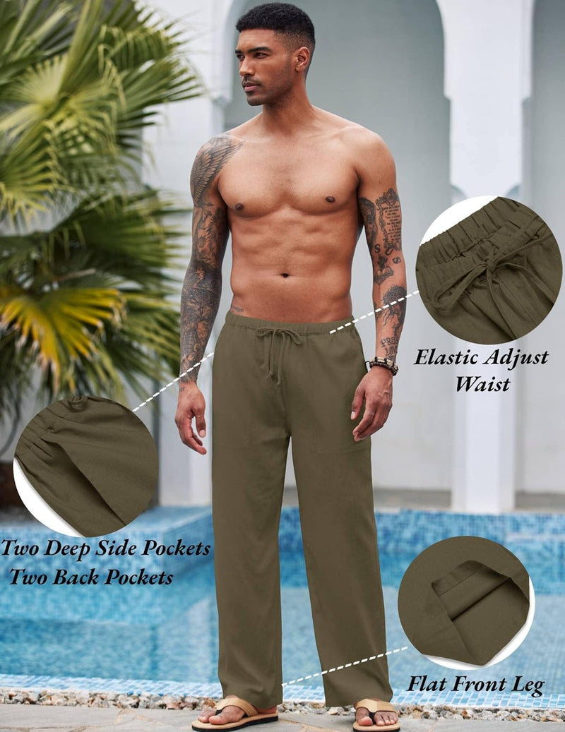 COOFANDY Herren Hose Lange Leinenhose Leicht Sommerhose Strandhose Elastische Taille Yoga Hosen Männ