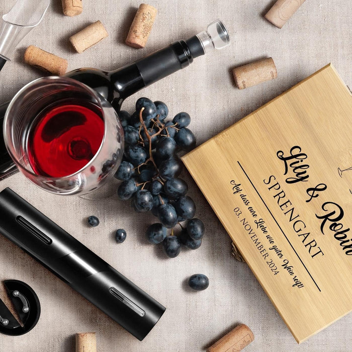 Maverton 6er Weinset in Geschenkbox mit Aufdruck - Flaschenöffner Set - elektrischer Weinöffner - We