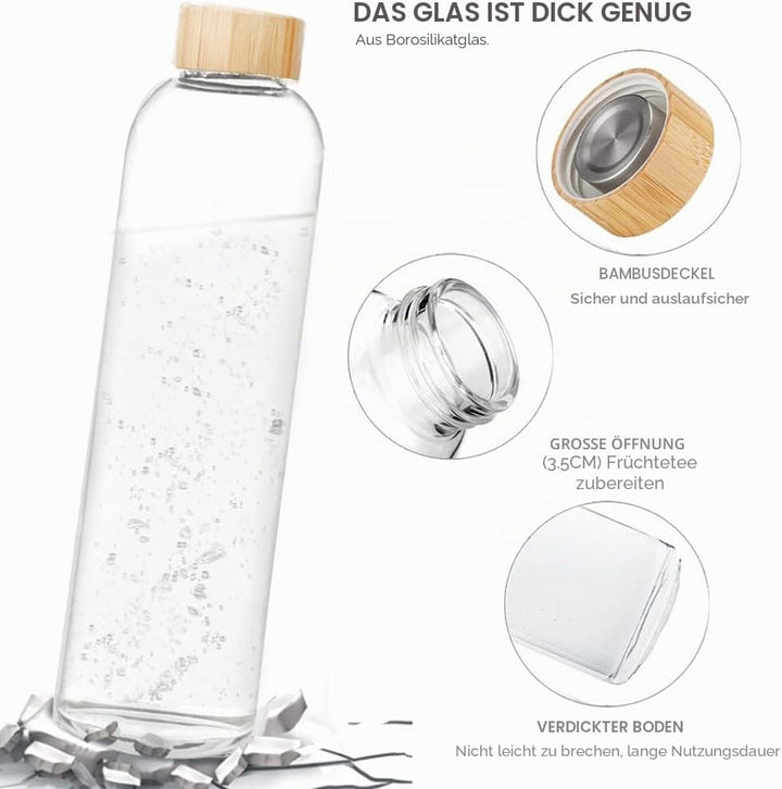 Bugucat Trinkflasche Glas 1L,wasserflasche glas mit Schutzhülle, Glasflasche Wasserflasche aus Boros