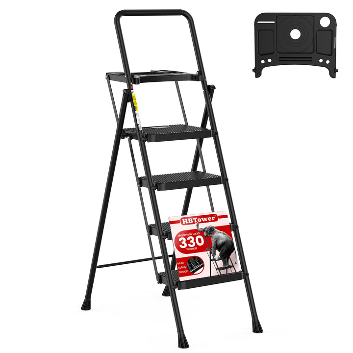 HBTower Trittleiter 4 Stufen klappbar, Leiter mit Breitem Anti-Rutsch-Pedal, Trittleiter mit Bequeme
