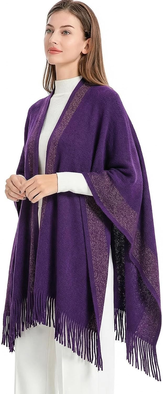 ZLYC Damen Weiche Schlichte Poncho Capes Retro Cardigans Pullover Violett, Violett