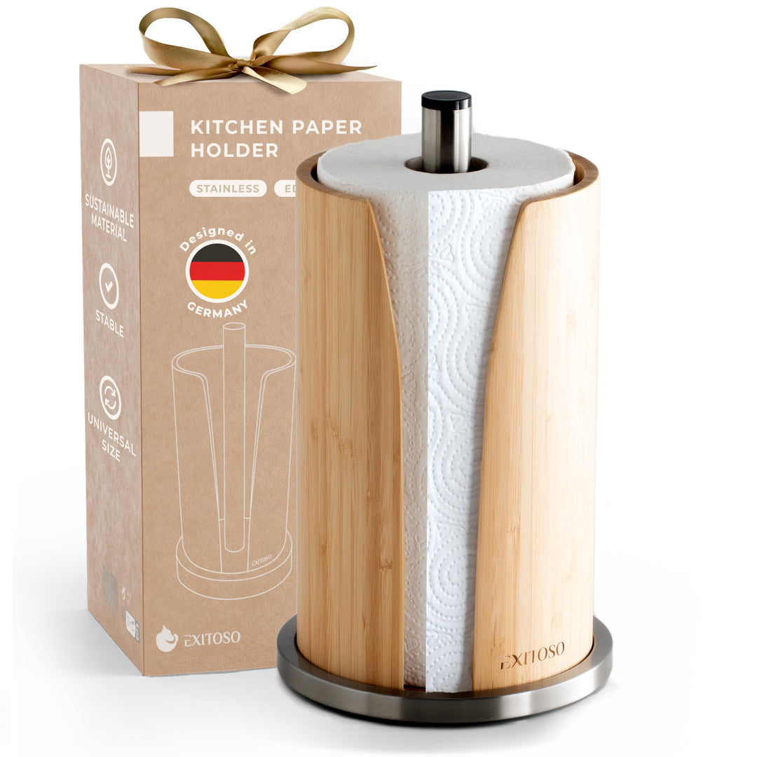 EXITOSO Küchenrollenhalter Bambus - Halter Küchenrolle Edelstahl - Küchentuchhalter - Küchenrollenha