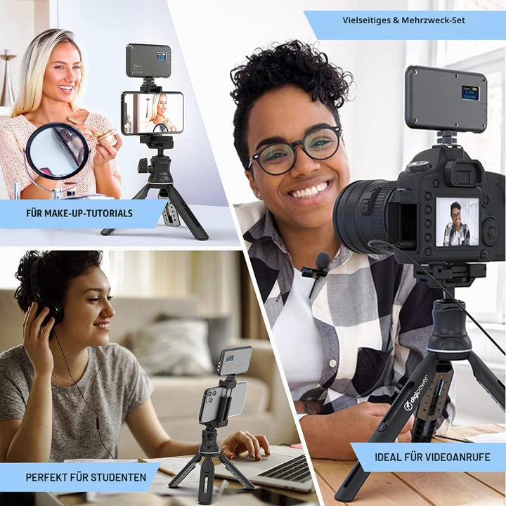 DigiPower Vlogging Kit Instructor mit LED Videoleuchte, Clip-on Lavalier Mikrofon, Handy + Kamera Ha