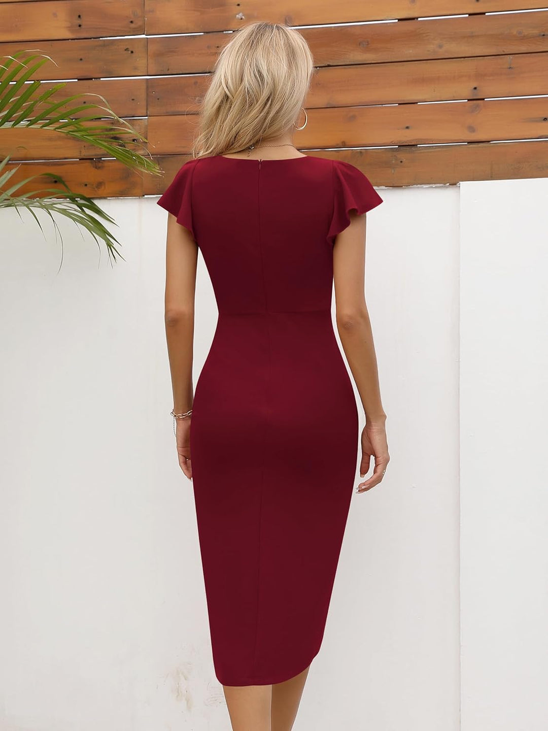 Missufe Damen Cocktailkleid Wickelkleid Partykleid Midikleid Sommerkleid Elegant Bodycon Vintage Rüs