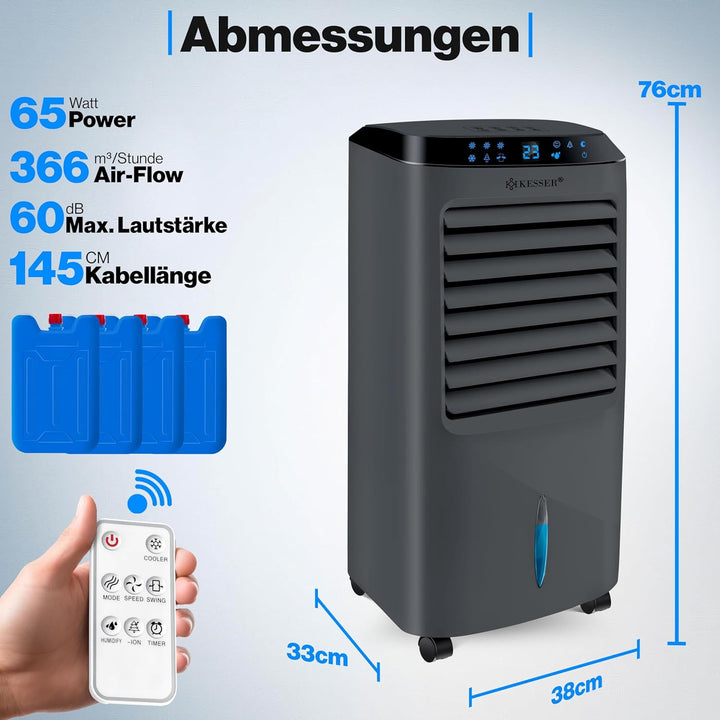 KESSER® Mobile Klimaanlage 4in1 Luftkühler – Air Cooler mit Fernbedienung & Timer, 10L Wassertank, I