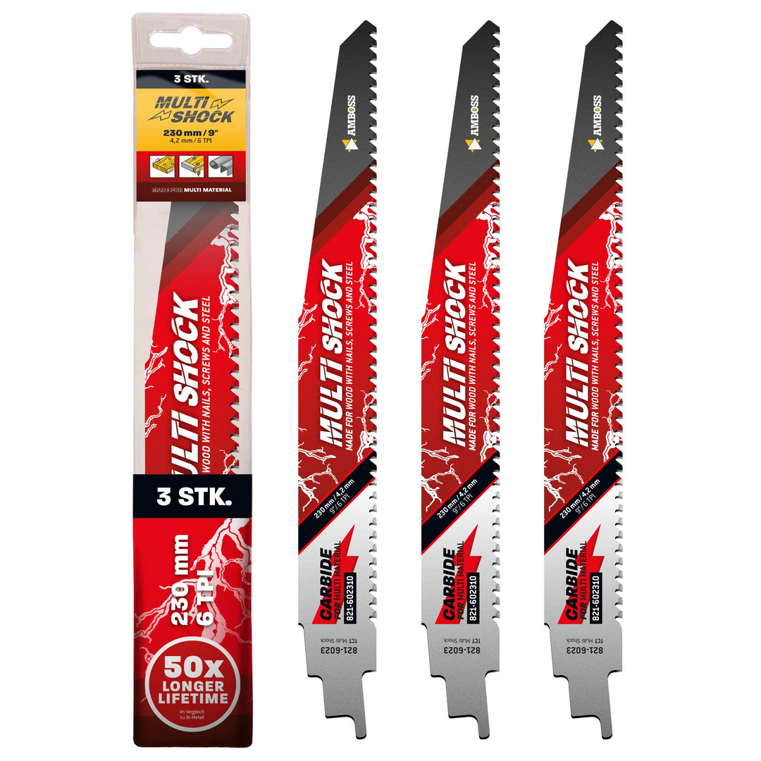 AMBOSS MULTI SHOCK - 3x Säbelsägeblatt Länge 230 mm / 6 ZpZ - ideal für Holz mit Nägeln und Holz mit