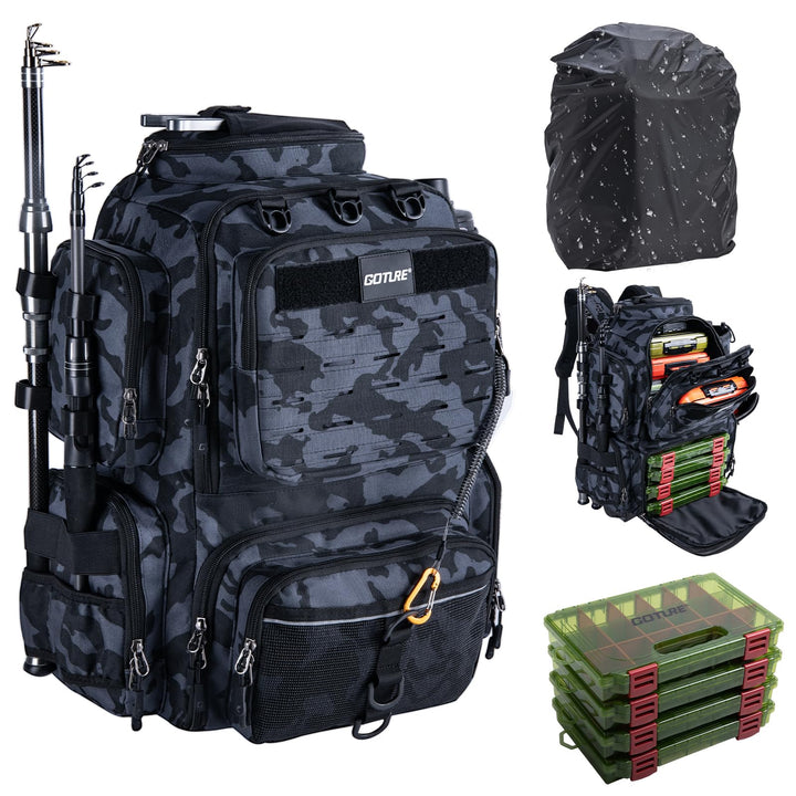 Goture Angelrucksack mit 4 Köderbox Angeln, 45-Liter Angelzubehör-Rucksack mit Zwei Rutenhaltern und