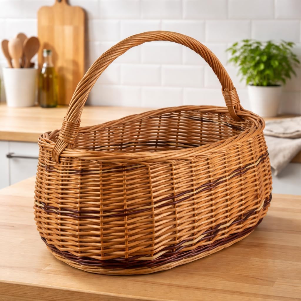 Weidenkorb mit Henkel WIKLER gross 44x27x23/38 cm – Handgefertigter Einkaufskorb aus Weide, stabiler