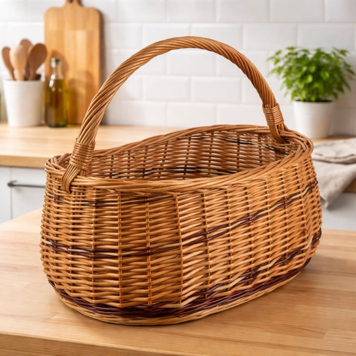 Weidenkorb mit Henkel WIKLER gross 44x27x23/38 cm – Handgefertigter Einkaufskorb aus Weide, stabiler