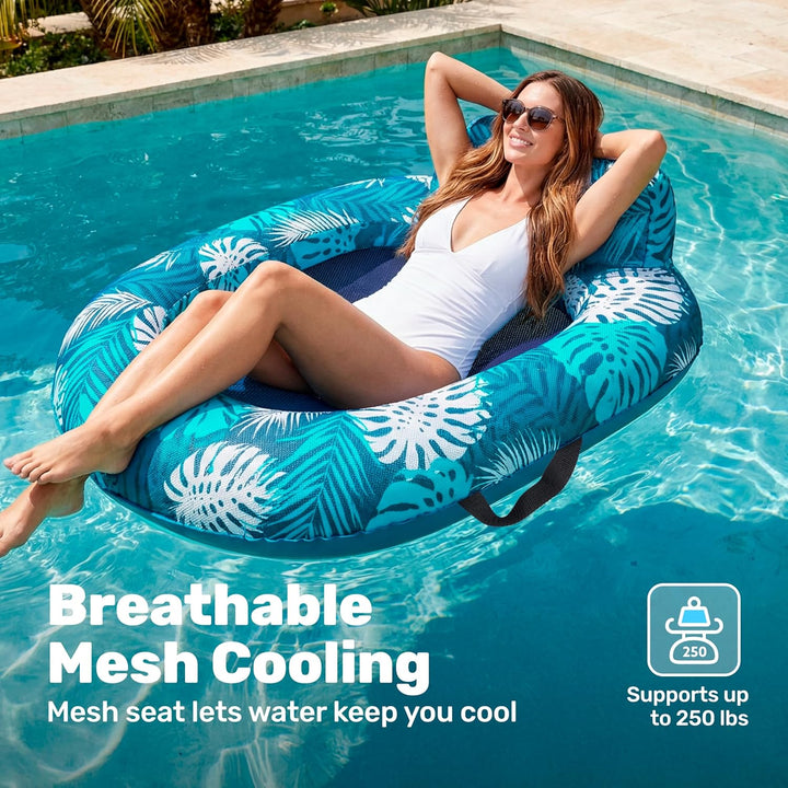 SLOOSH Aufblasbares Wasser-Pool-Luftbett für Erwachsene mit blauen Blättern–1 tropischer Blatt-Schwi