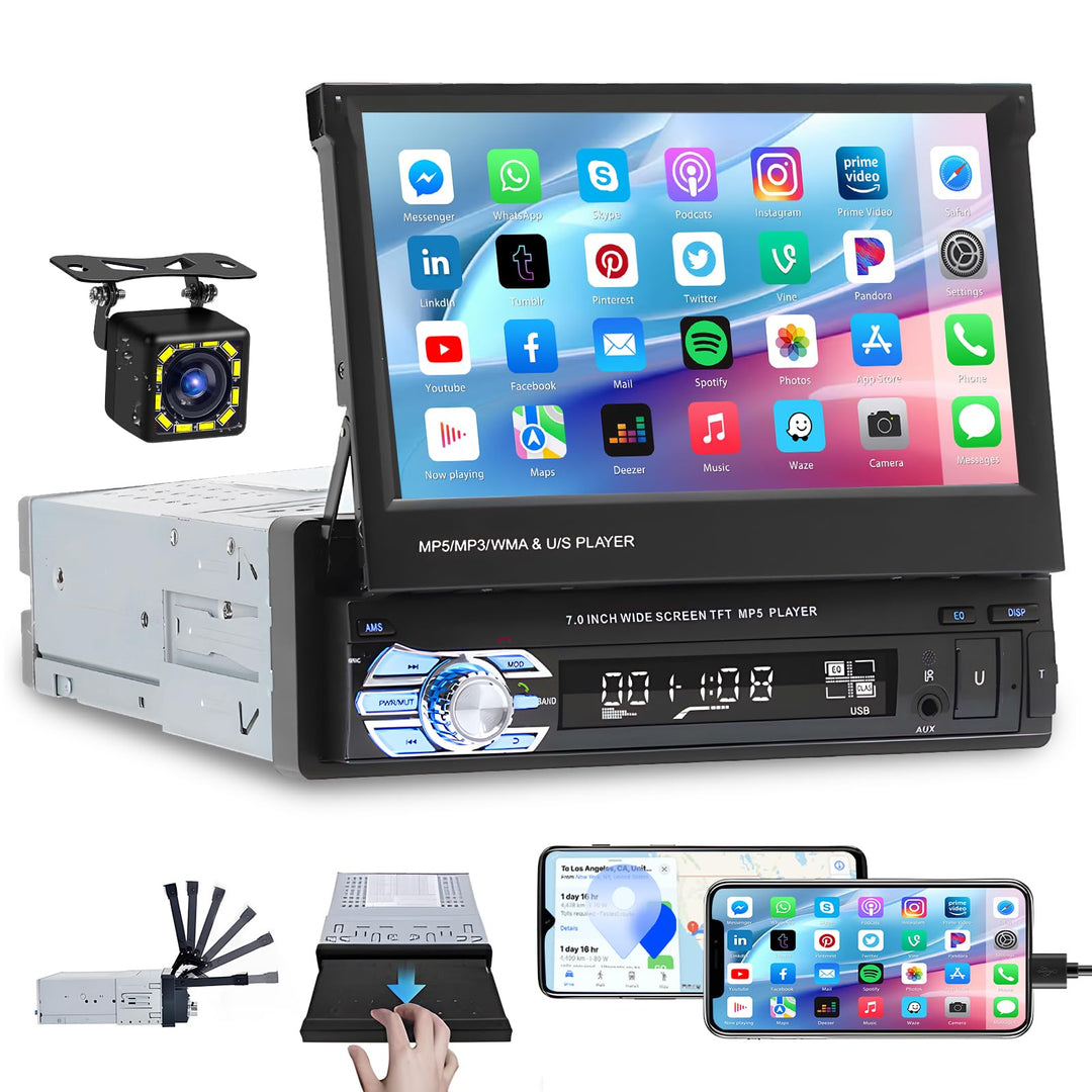 Hikity Autoradio 1 Din mit 7 Zoll HD Einziehbarer Bildschirm Auto Stereo Radio Bluetooth Freispreche