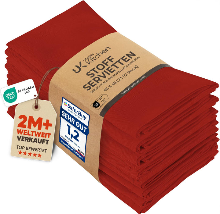Utopia Kitchen Stoffservietten [12er Pack, Rot] 46x46 cm Waschbare Tischservietten für Hotel, Mittag