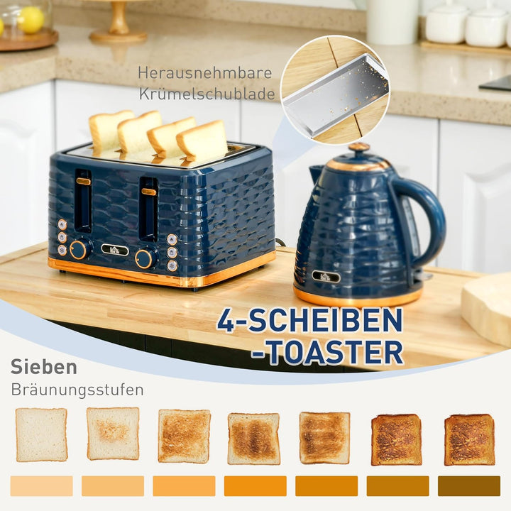 HOMCOM Wasserkocher Toaster Set Frühstück-Set mit 1,7L Wasserkocher, 4 Scheiben Toaster, 2200 W, 7 B