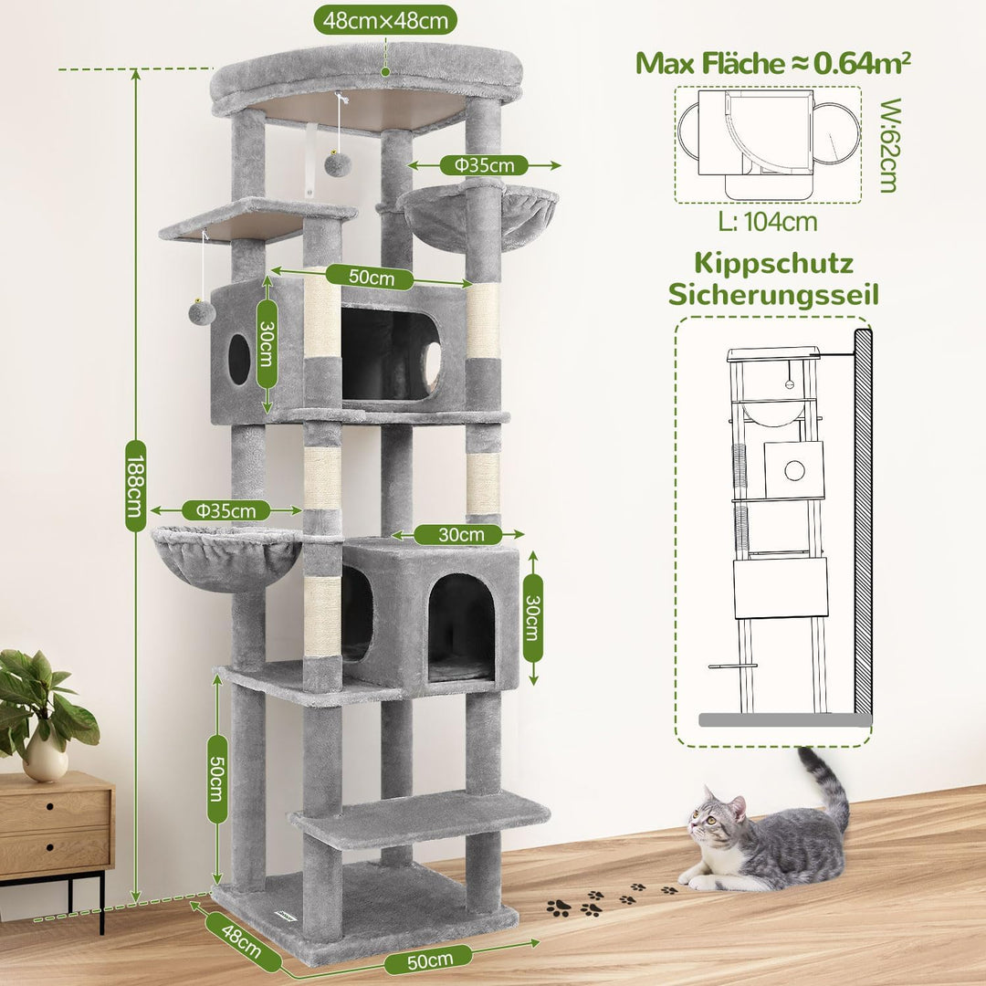 Globlazer Kratzbaum Grosse hoch 188 cm mit 2 Grosser Katzenhaus, Gepolsterte Plattform, 2 Katzenkorb