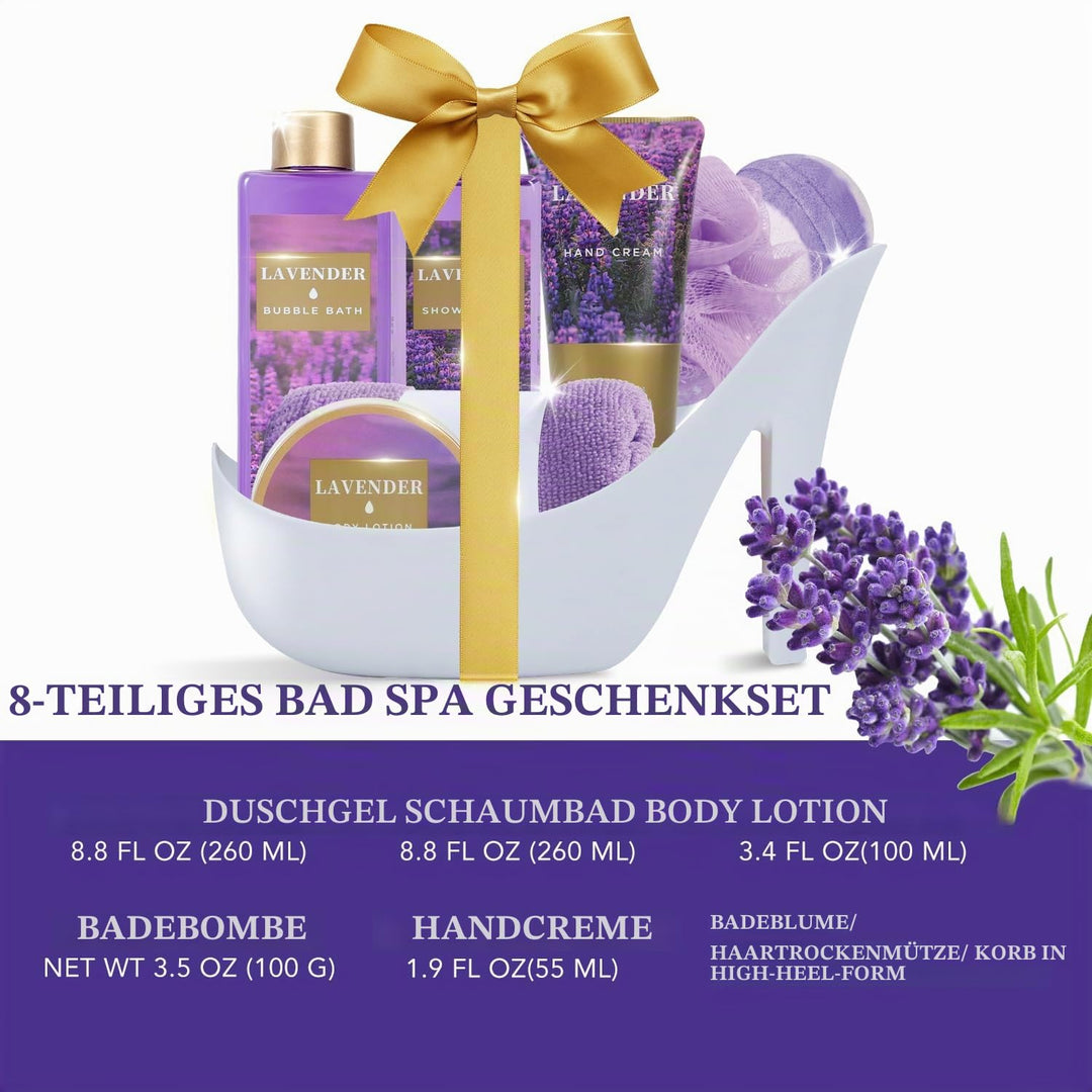 SPA LUXETIQUE Wellness Set für Frauen - 8tlg Lavendelduft Bade Geschenkset mit Duschgel, Bodylotion,