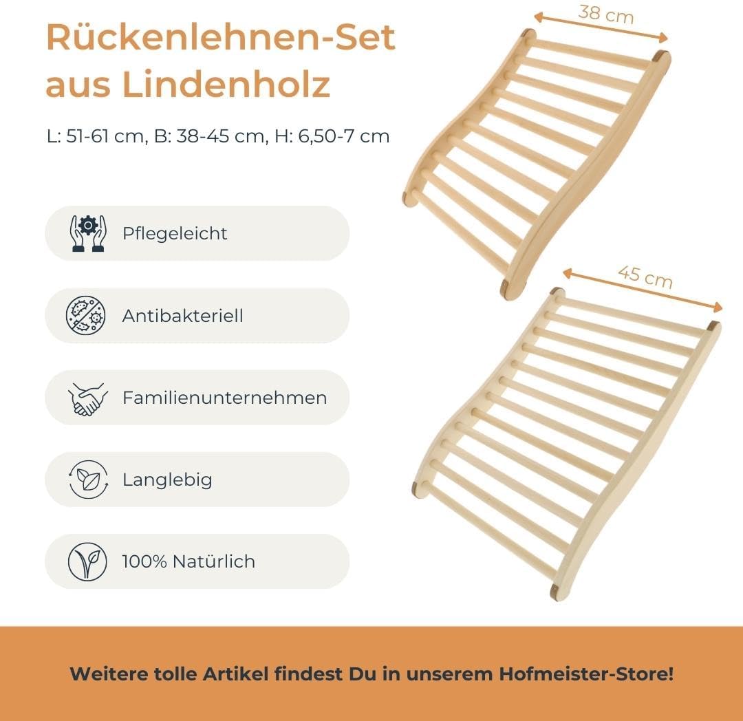 HOFMEISTER® Sauna Set Rückenlehne Holz – Rückenlehne XXL und Normalgrösse, ergonomisch geformt, ruts