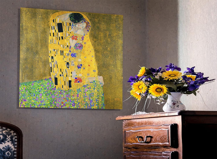 Berühmte Leinwanddrucke "The Kiss" von Gustav Klimt, Ölgemälde, Reproduktion, modern, gerahmt, 76 x