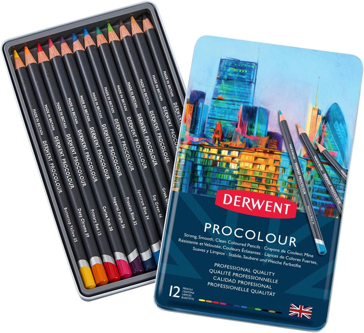 Derwent Procolour Buntstifte, Set mit 12 Stück in Metalldose, 4mm Runder Kern in Premium-Stärke, Gla
