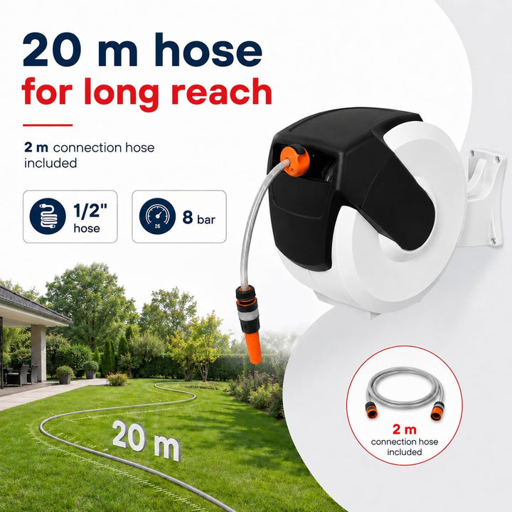Home It® Schlauchbox 20m | Schlauchaufroller Schlauchbox mit 180° Drehung | PVC Gartenschlauch, Auto