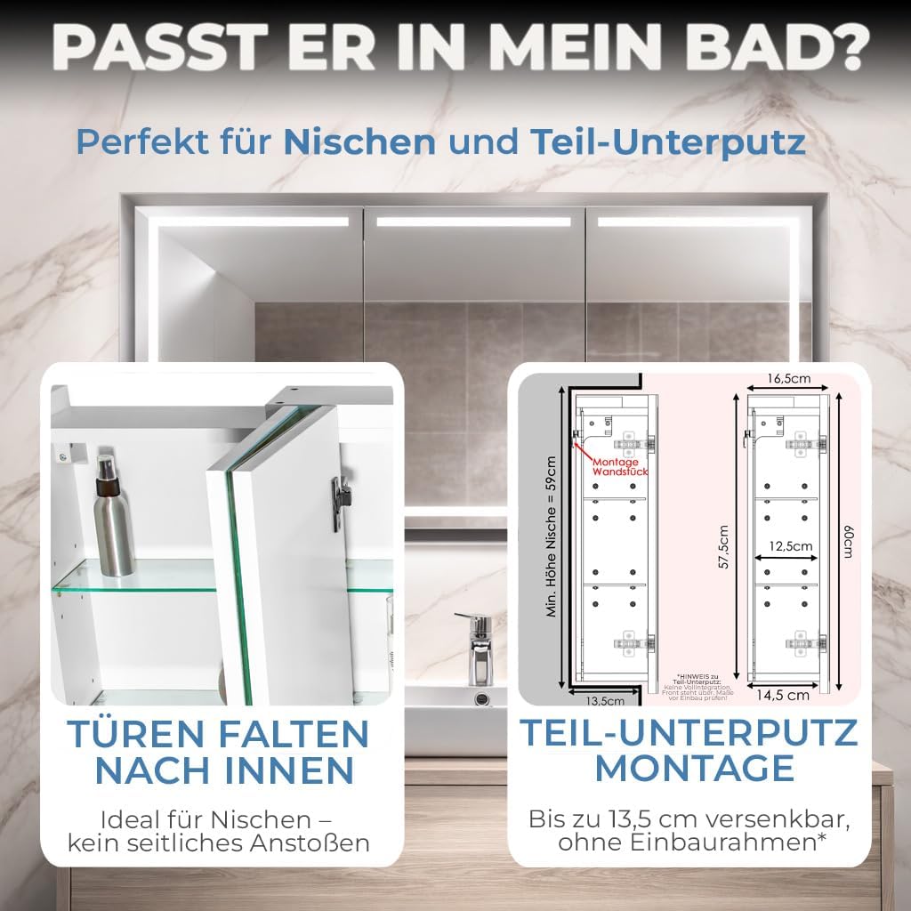 HAPA Design Premium Badezimmer Spiegelschrank Milano 60cm breit 2-türig. Fertig montiert, in der EU