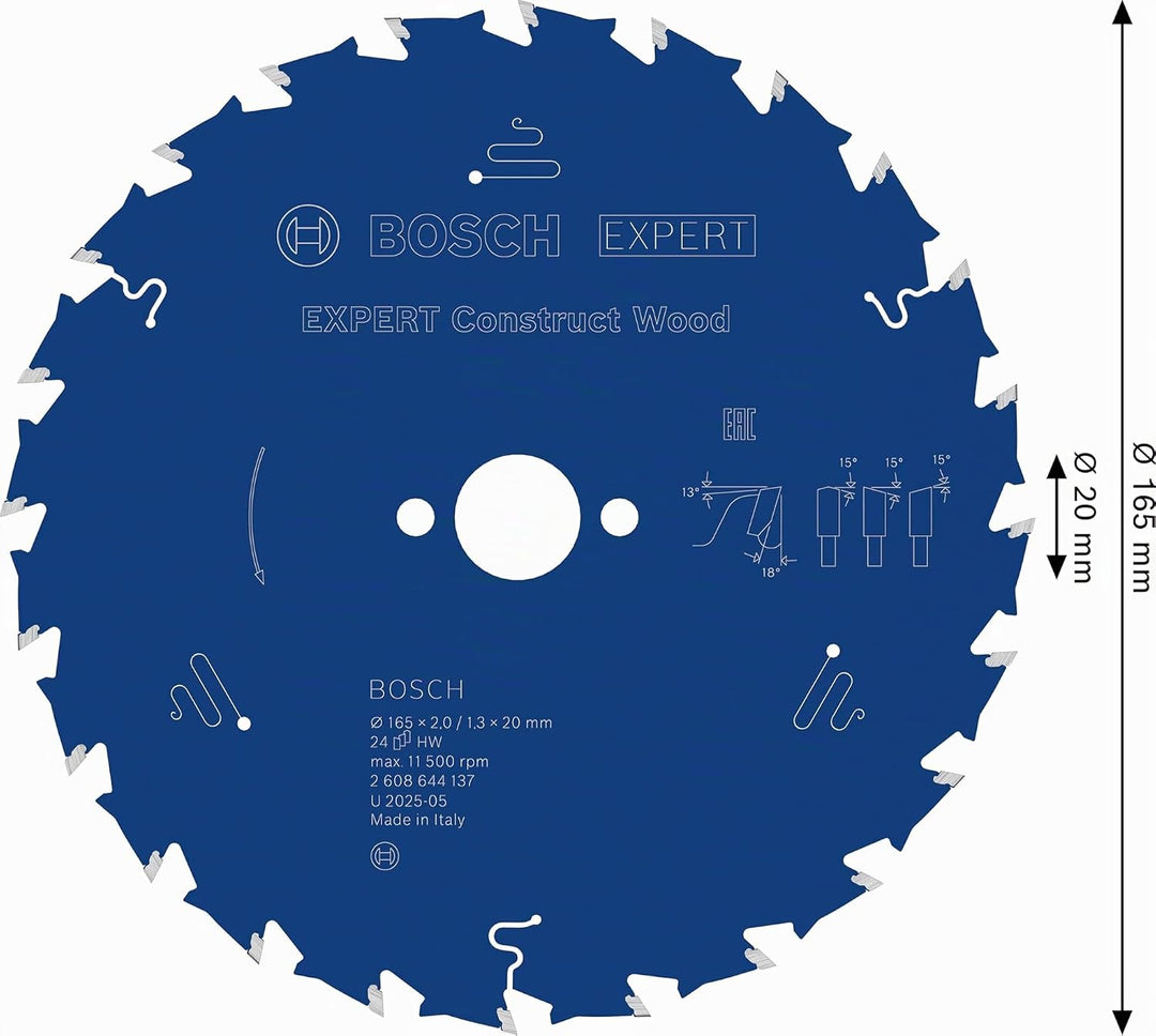 Bosch Professional 1x Kreissägeblatt Expert for Construct Wood (Holz, Sägeblatt Ø 165 x 20 mm, 24 Zä
