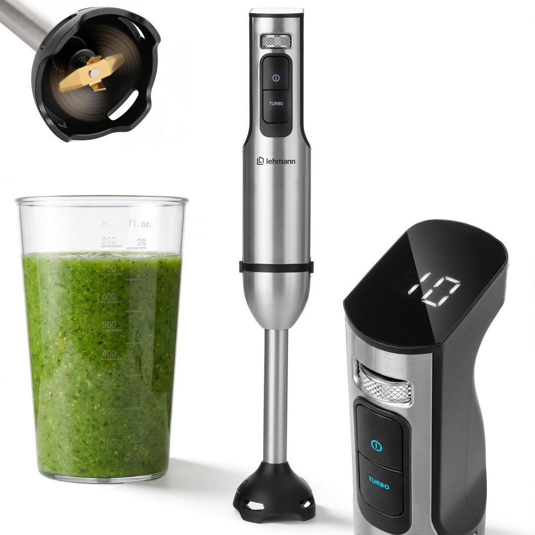 LEHMANN Stabmixer 2000 Watt, 12 Geschwindigkeitsstufen &amp; Turbo-Funktion, Edelstahlklingen, Digitales