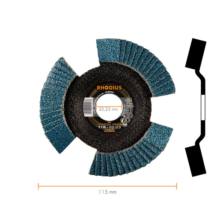 RHODIUS VISION PRO, 5 Stück Ø 115 mm K40 Fächerscheiben durchsichtig, Made in Germany, Metall Edelst
