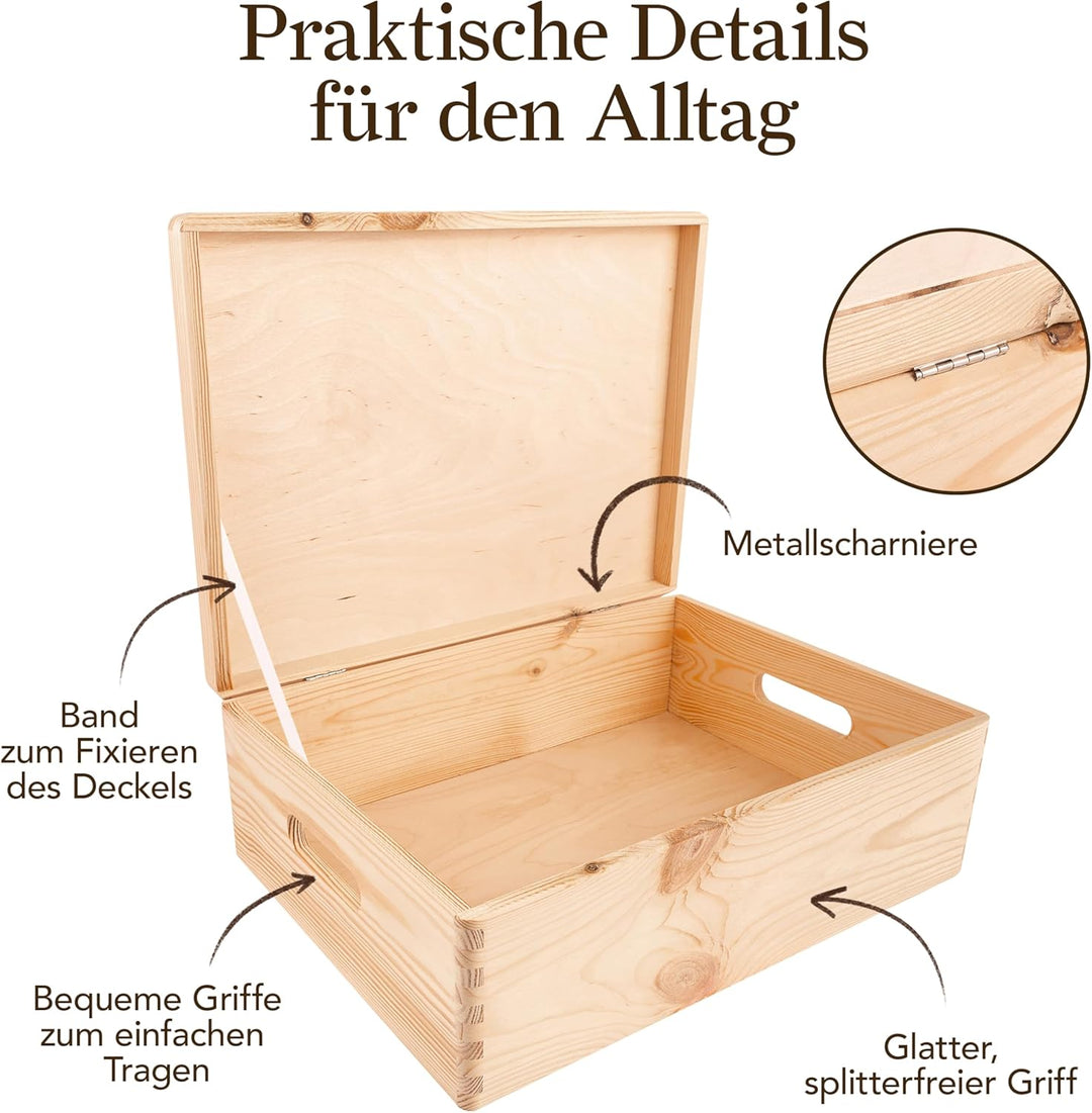 Creative Deco XL Grosse Holzkiste mit Deckel | 40 x 30 x 14 cm (+/-1cm) | Erinnerungsbox Baby Ostern