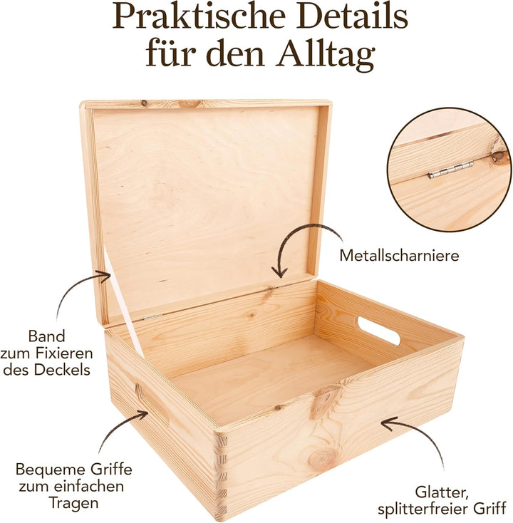 Creative Deco XL Grosse Holzkiste mit Deckel | 40 x 30 x 14 cm (+/-1cm) | Erinnerungsbox Baby Ostern