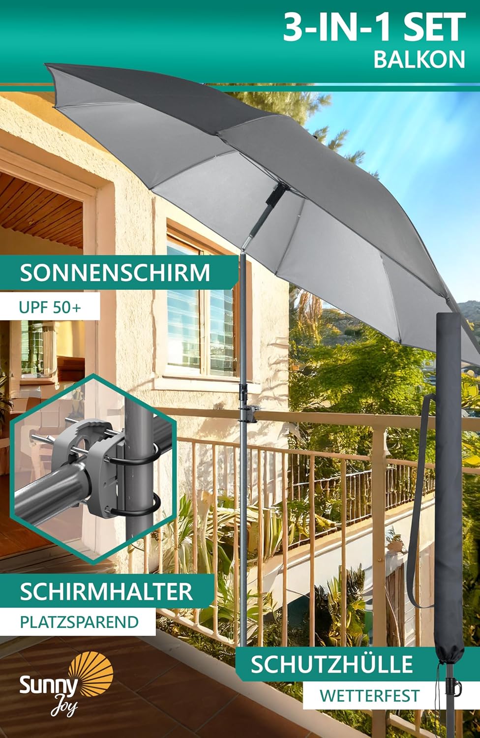 4smile Sonnenschirm Balkon SunnyJoy Ø 180 cm, 3-IN-1 Set - UPF 50+ Balkon Schirm + Sonnenschirmhalte