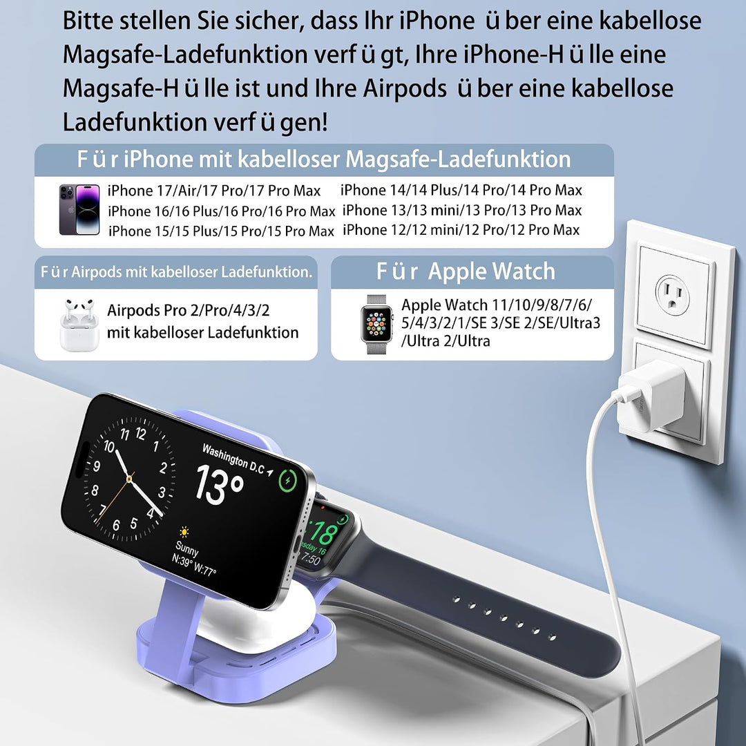3 in 1 induktive Ladestation für Apple-Geräte, Faltbarer 3 in 1 kabelloses Ladegerät für Magsafe für