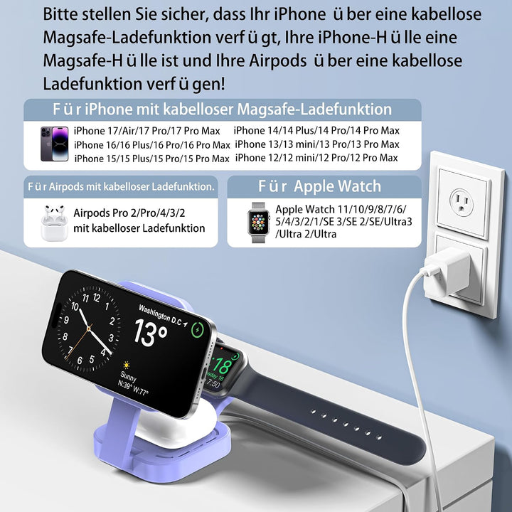 3 in 1 induktive Ladestation für Apple-Geräte, Faltbarer 3 in 1 kabelloses Ladegerät für Magsafe für