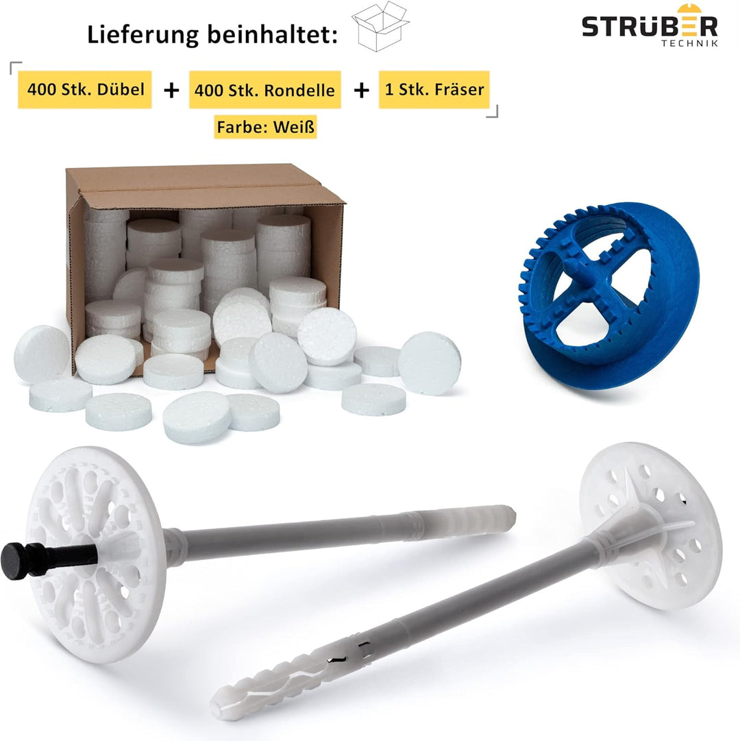 STRÜBER WDVS SET (Ø10x120mm Dämmstoffdübel mit Kunststoffnagel 400St + Weiss Styropor Rondelle 400St