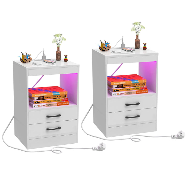 PIPIPOXER 2er Set Nachttisch mit Steckdose &amp; USB, Nachttisch Weiss Nachtschrank Hochglanz Nachtkommo