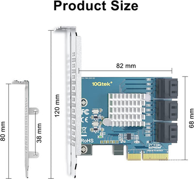 10Gtek PCIe SATA X4 Card 6 Port with 6 SATA Cables and Low Profile Bracket, 6Gbps SATA3.0 Controller