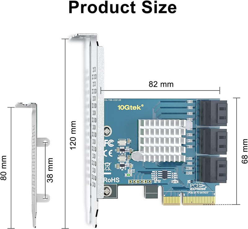 10Gtek PCIe SATA X4 Card 6 Port with 6 SATA Cables and Low Profile Bracket, 6Gbps SATA3.0 Controller