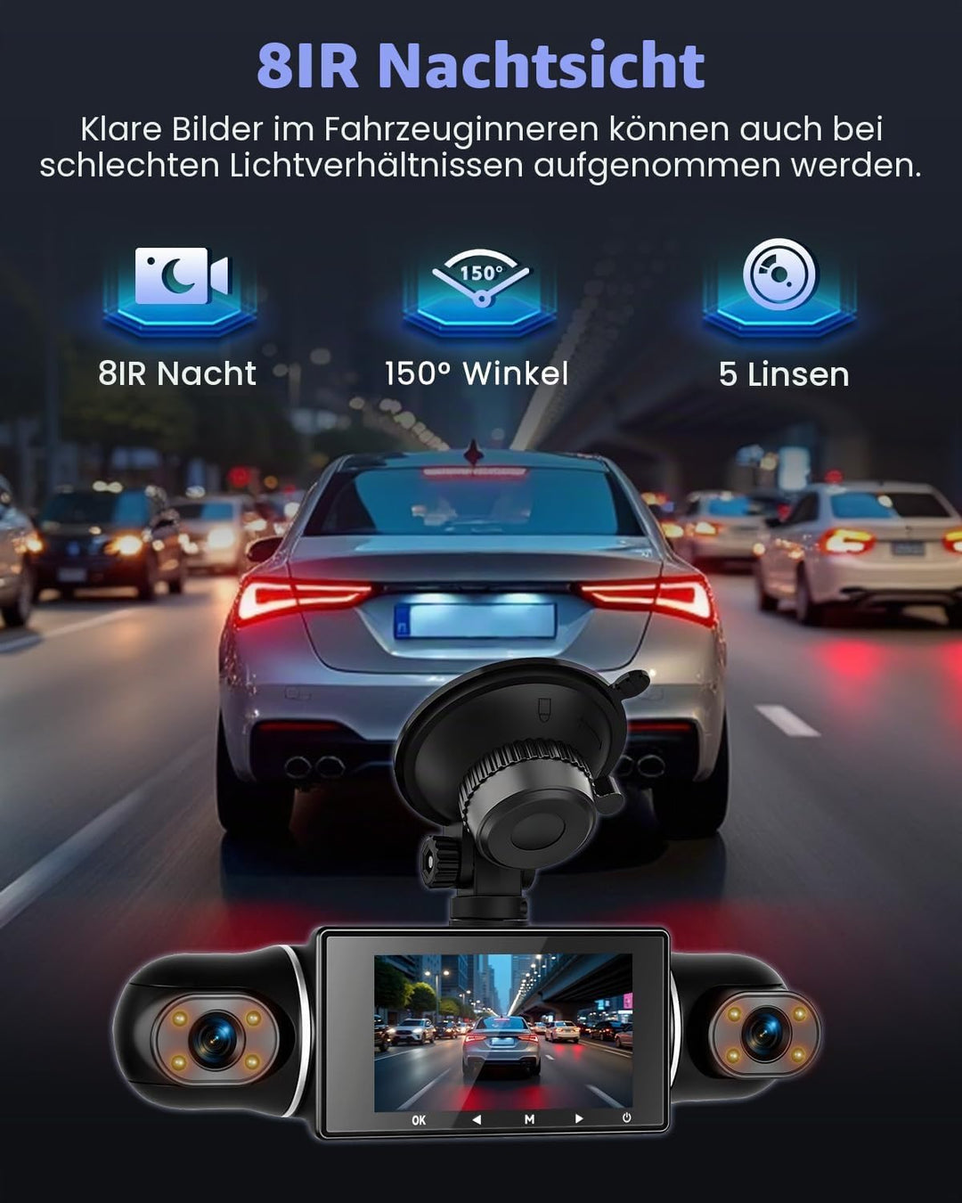 Hikity 5-Kanal-Dashcam, 360° Dashcam 1080P*4 Vorne und Hinten Innen Links Rechts, Autokamera mit 64G