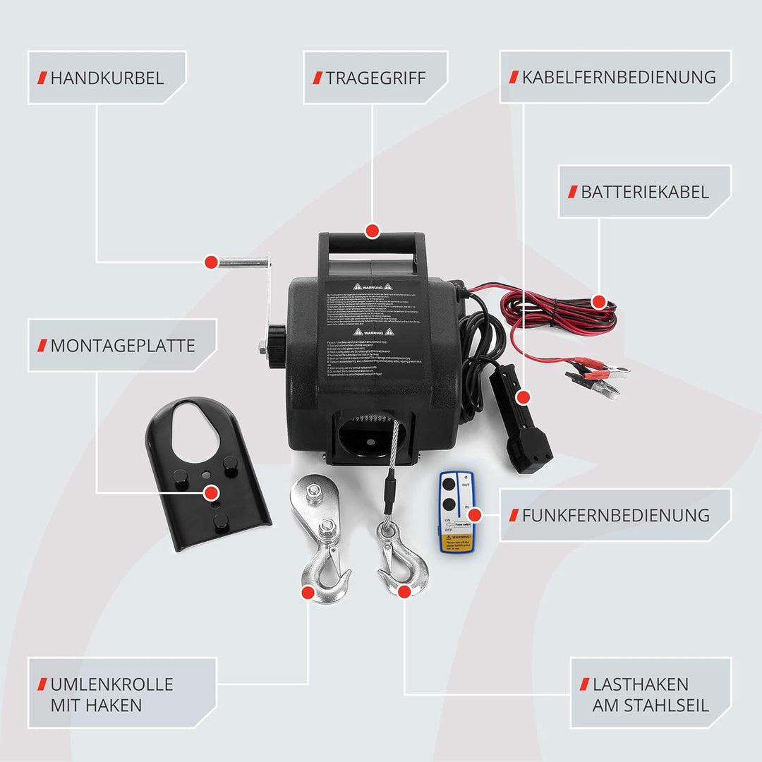 ROTFUCHS Elektrische Seilwinde 12v für Bootstrailer mit Funkfernbedienung – 2721 Kg Zugkraft, Bootsw