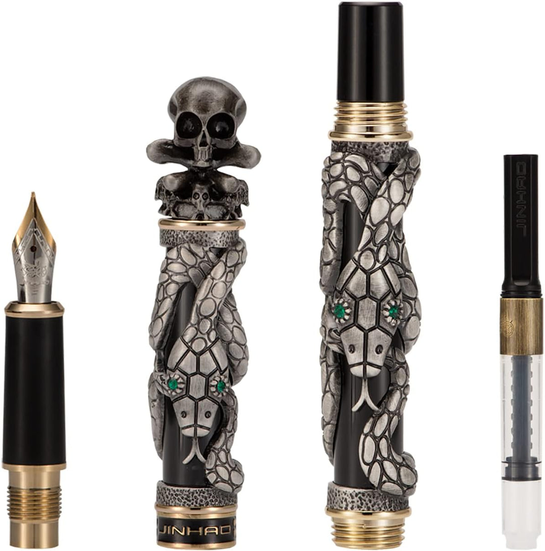 Jinhao Füllfederhalter, Schwarz, mittlere Feder, Retro-Stil, mit Totenkopfkopf, massives Metall und