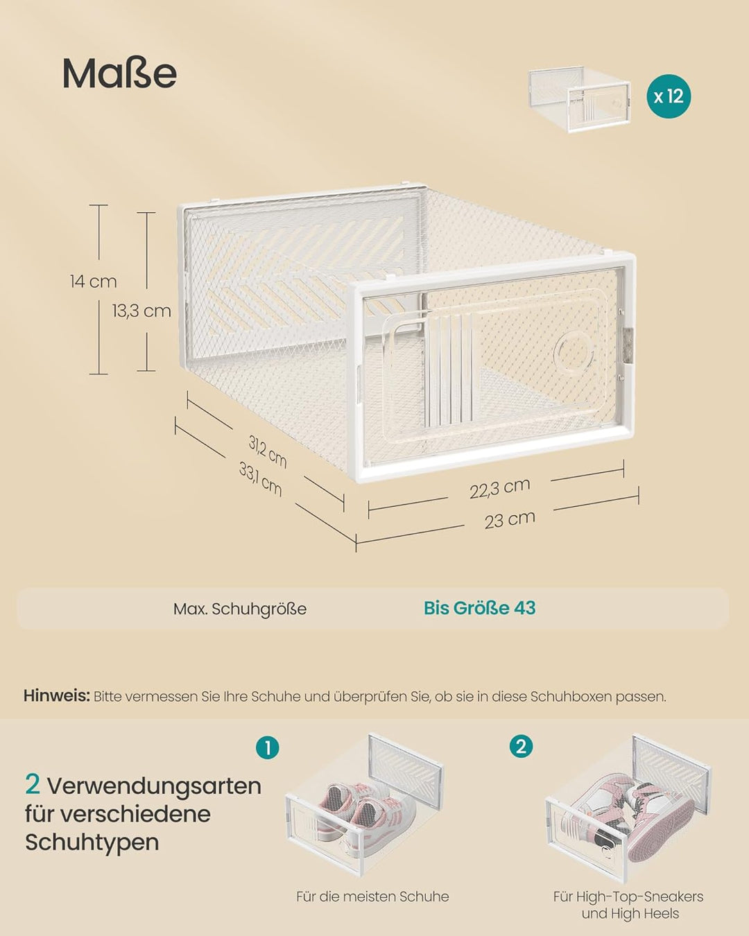 SONGMICS Schuhboxen, 12er Set, Aufbewahrungsbox für Schuhe, robust, faltbar und stapelbar, für Schuh