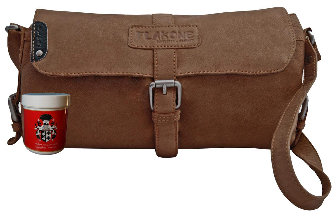 LL BARON of MALTZAHN Damen Schultertaschen FLAKONE brown-Natur Casual-716 aus Leder + Lederpflege