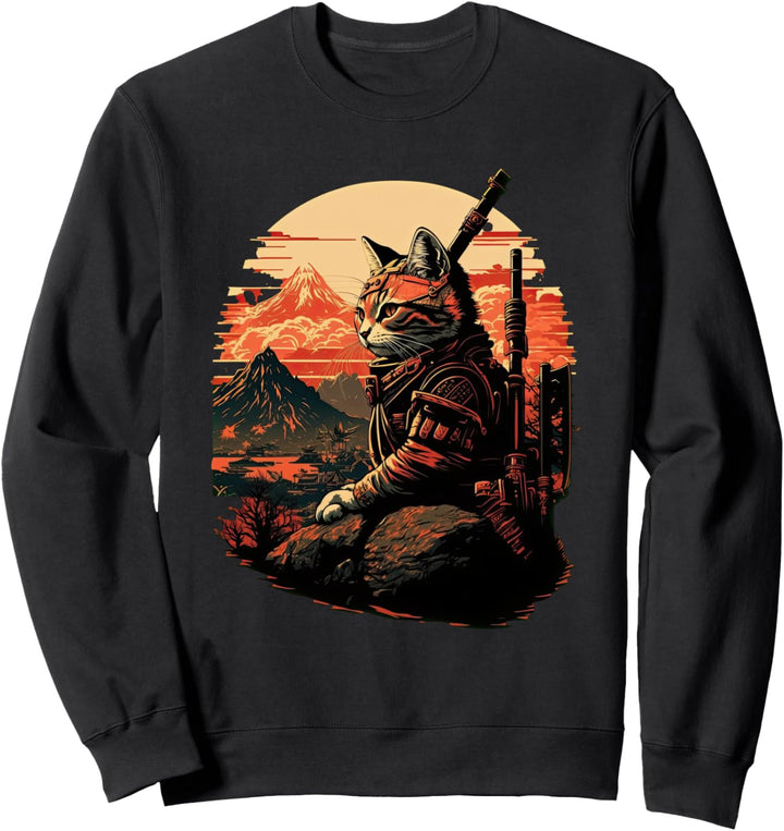 Japanische Samurai Katze mit Welle und Berge Illustration Sweatshirt