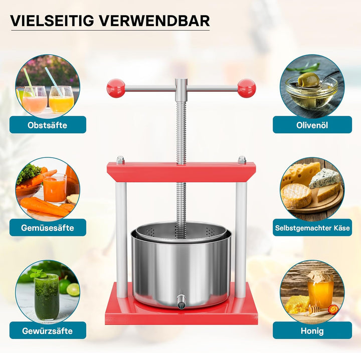 Wiltec Obstpresse 6L Weinpresse aus Stahl Edelstahlkorb Fruchtpresse mit 2-armigen Drehgriff Saftpre