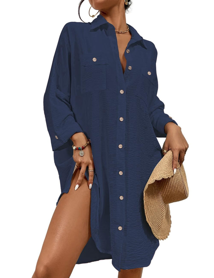 Bsubseach Damen Button Down Strandkleid V-Ausschnitt Badeanzug Resort Wear S B-marine Blau, S B-mari