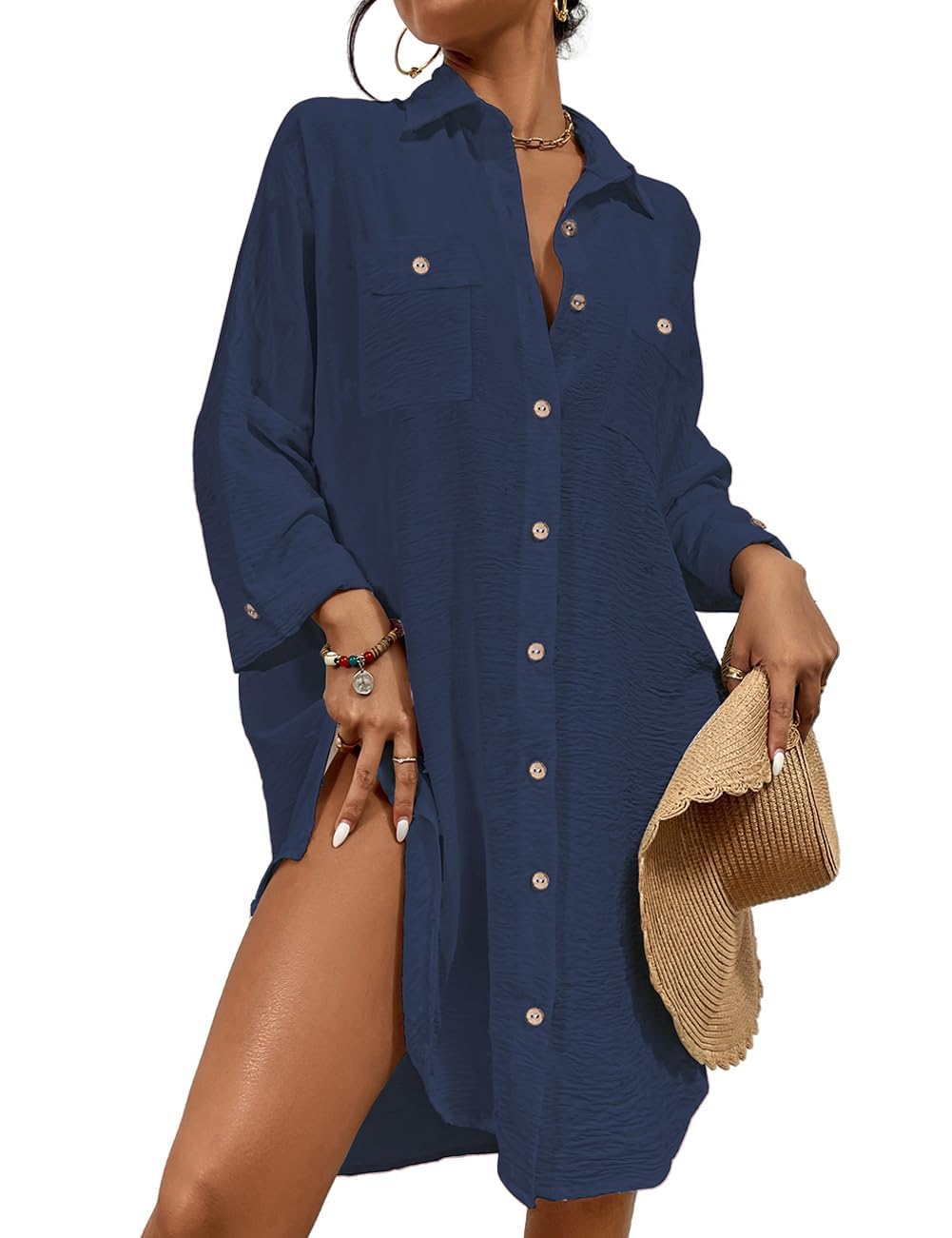 Bsubseach Damen Button Down Strandkleid V-Ausschnitt Badeanzug Resort Wear M B-marine Blau, M B-mari