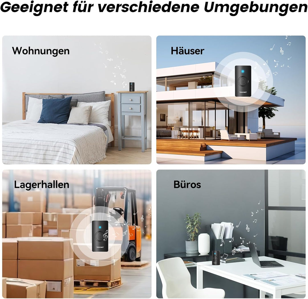 TECKNET Funkklingel 2 Empfänger, 400m Reichweite IP67 Funkklingel aussen wasserdicht, Funkklingel Ba
